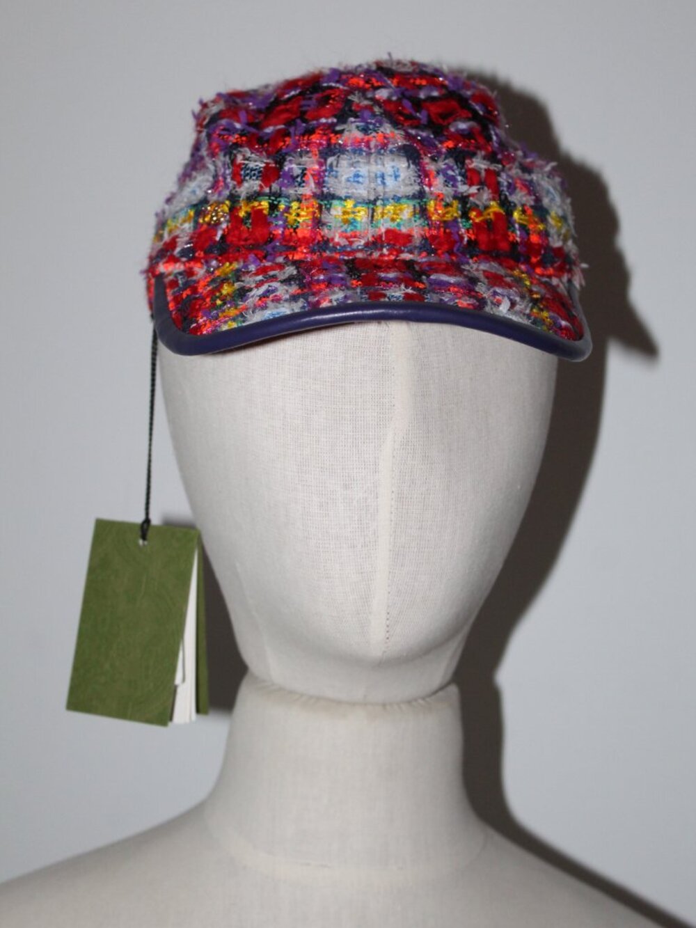 NWT GUCCI GG Multi Color Tweed Baseball Hat Cap Leather Trim M 57 cm